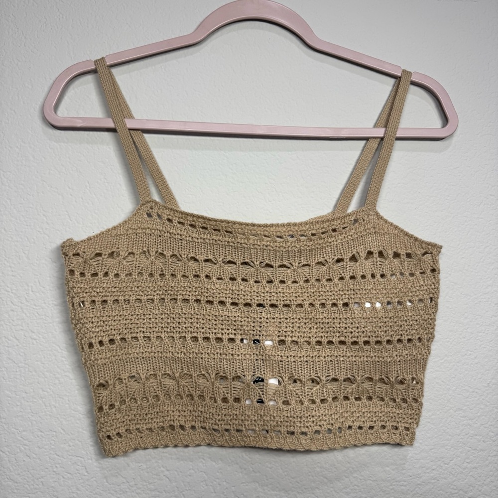 Noisy may Crochet Cropped Top Knitted Large Tan Neutral Sleeveless Square Neck